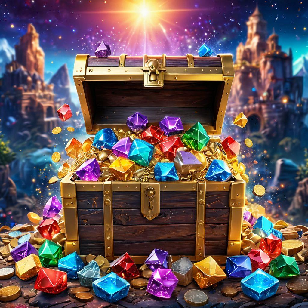 A mysterious treasure chest overflowing with colorful game currencies like gold coins, gems, and special tokens, surrounded by sparkles and digital icons representing exclusive deals. In the background, a vibrant gaming landscape, featuring iconic elements from different genres such as fantasy, sci-fi, and adventure games. Emphasize a sense of excitement and discovery. super-realistic. vibrant colors. 3D.