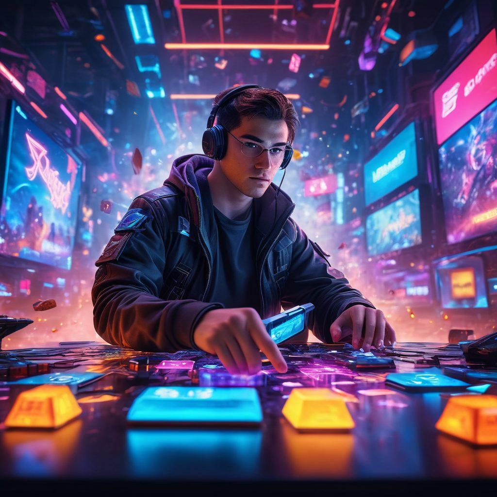 A dynamic scene featuring a gamer immersed in action, surrounded by glowing game rewards and vibrant discount tags floating in the air. The background showcases a futuristic gaming setup with colorful LED lights and screens displaying various games. Captured in an energetic, imaginative style with a sense of excitement and adventure. cyberpunk. vibrant colors. 3D.