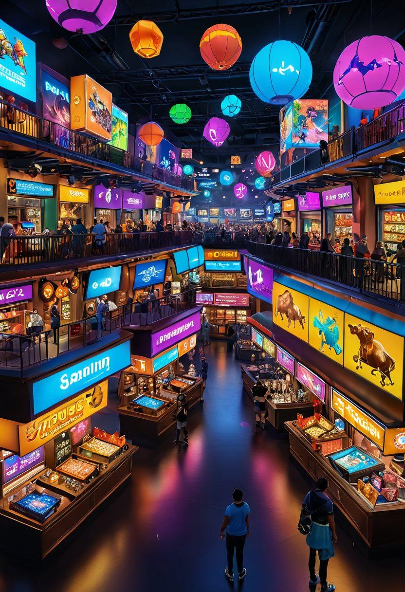 A dynamic digital landscape featuring an array of diverse gaming avatars exploring a vibrant marketplace filled with game merchandise and bonus icons. Highlight elements like treasure chests overflowing with rewards, virtual currency floating in the air, and sellers showcasing exclusive gaming items. The atmosphere should convey excitement and opportunity, with bright neon colors and interactive screens. super-realistic. vibrant colors. 3D.